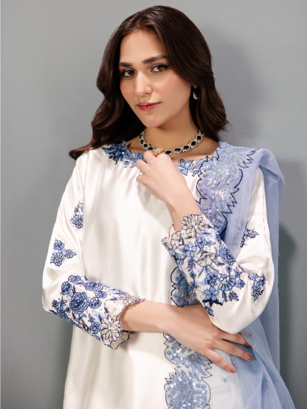 Elegant White & Blue Embroidered Women's Top